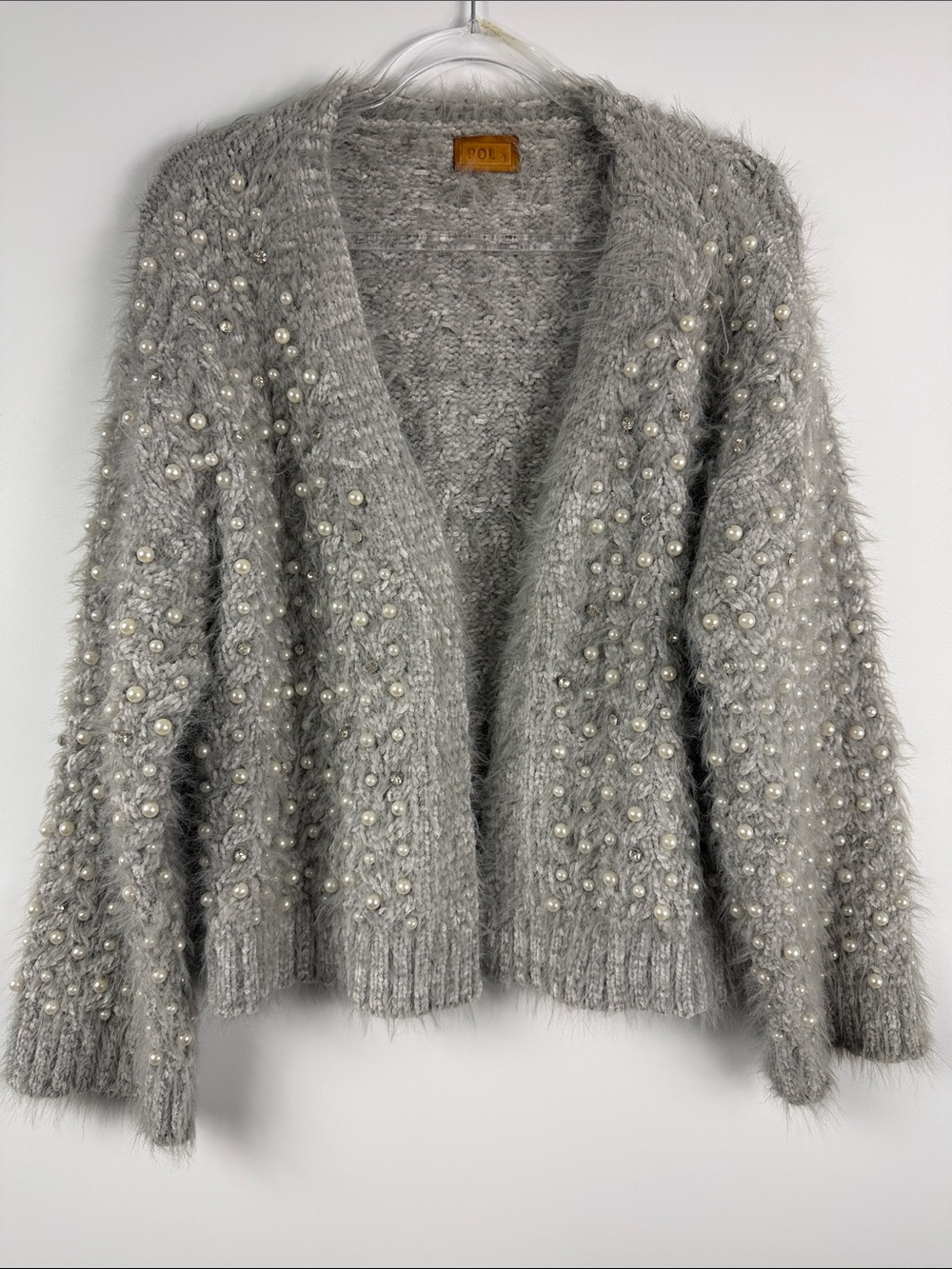 POL Alpaca Pearl Rhinestone Cardigan S Gray Fuzzy Open Front Cozy - Picture 2 of 8